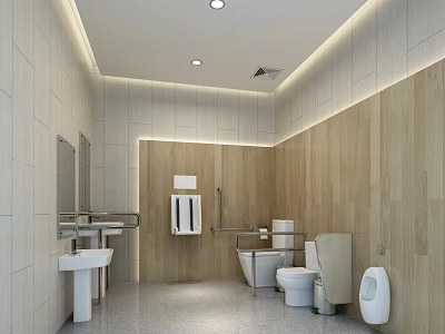 Public Restroom With Modern Wooden Walls Clean Sinks Toilets Urinal And Grab Bars Lighting 3d model