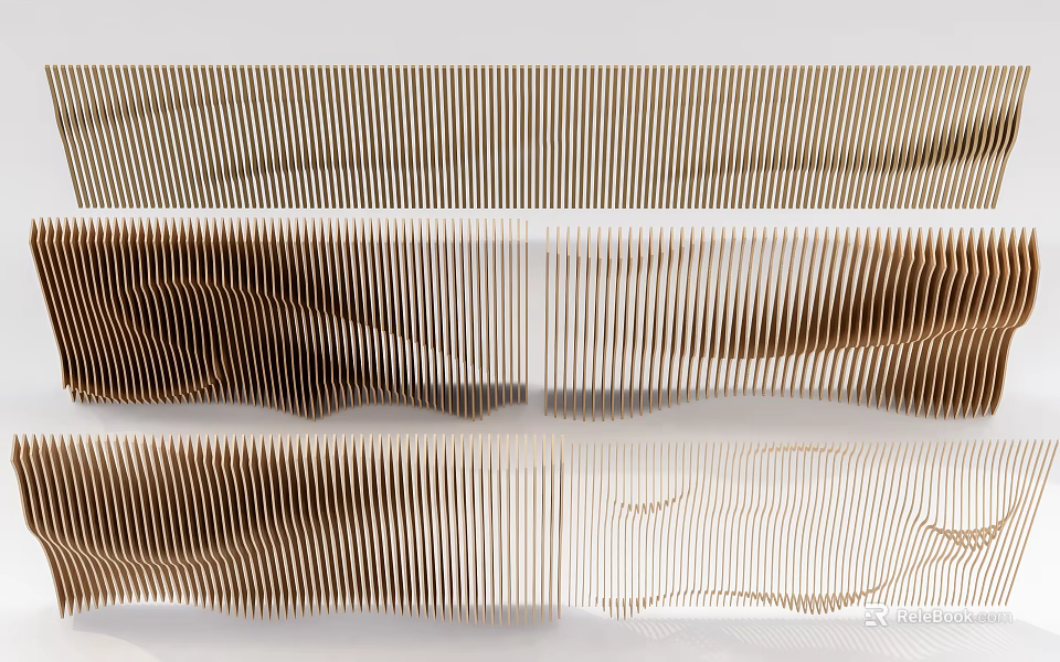 Modern Ceiling Design With Wooden Linear Strips And Wavy Patterns For Elegant Interior 3d model 