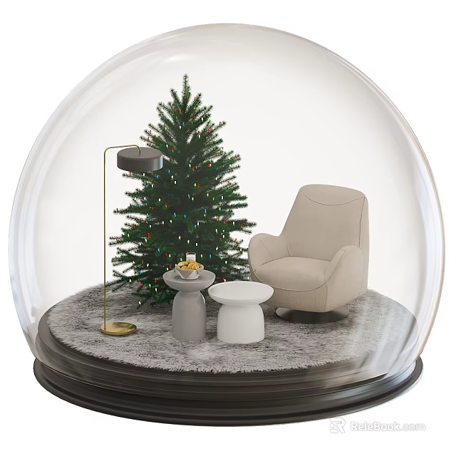 Cozy Christmas Scene Inside Glass Globe With Tree Beige Chair Small Tables And Floor Lamp 3d model 