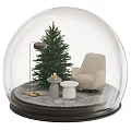 Cozy Christmas Scene Inside Glass Globe With Tree Beige Chair Small Tables And Floor Lamp