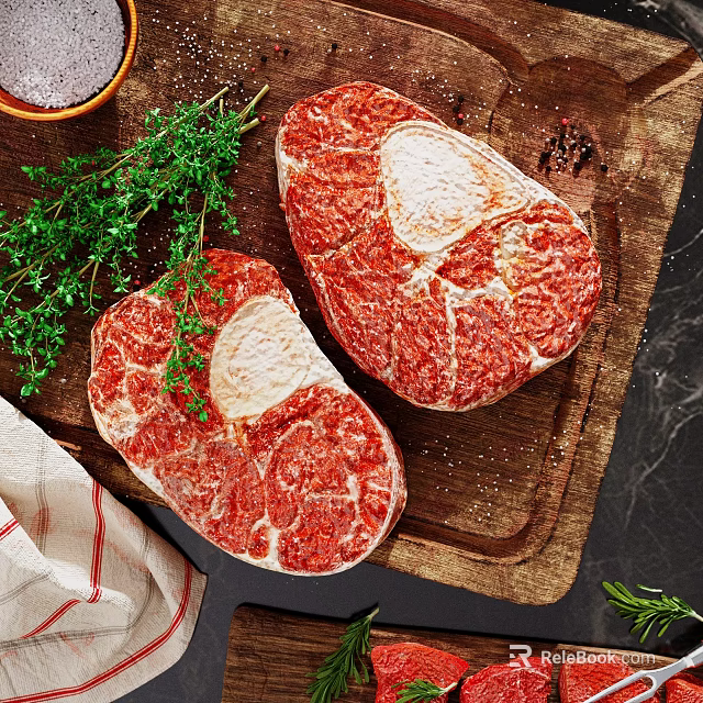 Juicy Raw Steaks on Wooden Cutting Board with Thyme Salt and Pepper 3d model 