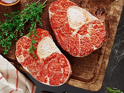 Juicy Raw Steaks on Wooden Cutting Board with Thyme Salt and Pepper 3d model