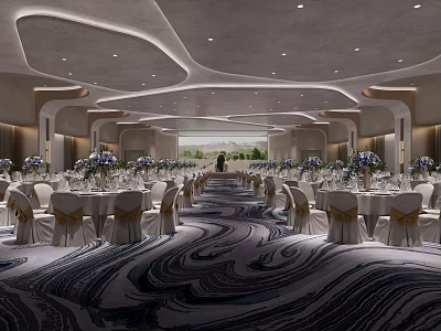 Luxurious Banquet Hall Interior Design with Set Tables Chair Covers Flower Arrangements and Elegant Carpet 3d model