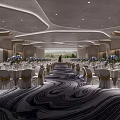 Luxurious Banquet Hall Interior Design with Set Tables Chair Covers Flower Arrangements and Elegant Carpet