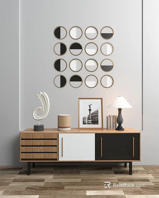 Modern Console Table and Side Cabinet with Decorative Mirrors Lamp and Storage Design 3d model 