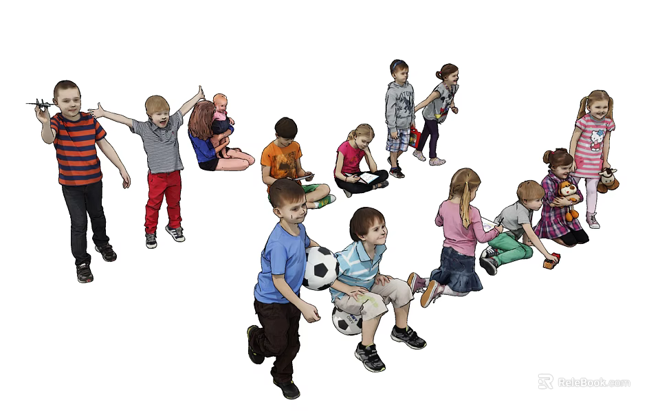 Group of Children Enjoying Different Play Activities Like Running and Ball Games 3d model 