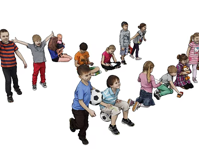 Group of Children Enjoying Different Play Activities Like Running and Ball Games 3d model