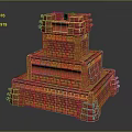 Scenic Vibrant Red Yellow Tiered Brick Tower with Decorative Patterns and Base Reflection