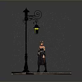 Decorative Street Lamp With Yellow Light And Standing Figure On Grass Base With Raindrops