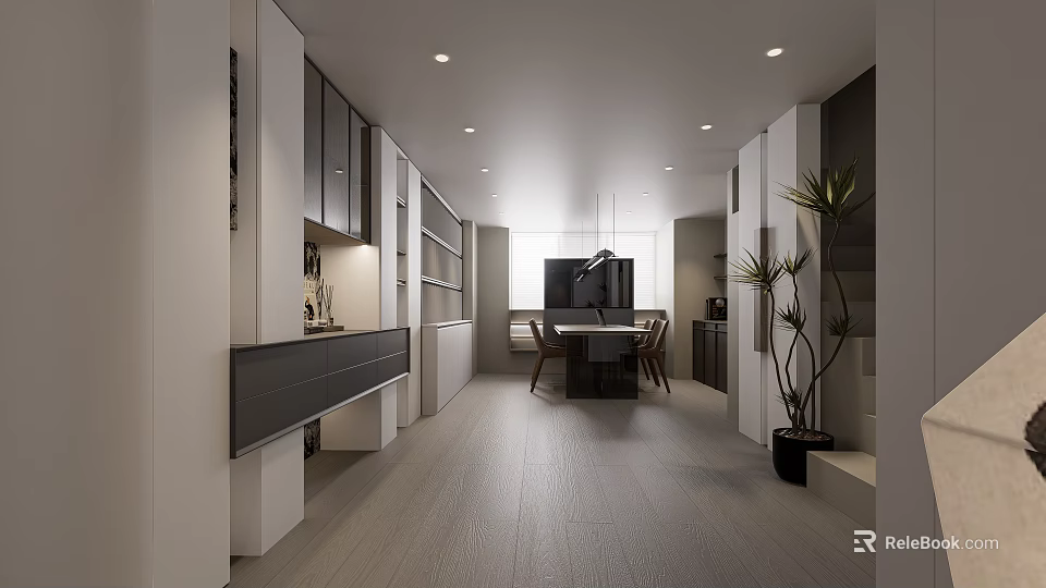 Modern Home Store Showcasing Open Space Dining Table Cabinetry Pendant Light And Wooden Flooring 3d model 