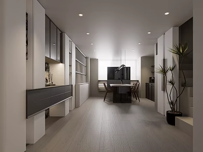 Modern Home Store Showcasing Open Space Dining Table Cabinetry Pendant Light And Wooden Flooring 3d model