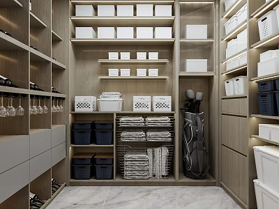 Wooden Storage Cabinet Rack With White Boxes Blue Bins Folded Towels And Golf Gear 3d model
