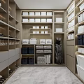 Wooden Storage Cabinet Rack With White Boxes Blue Bins Folded Towels And Golf Gear