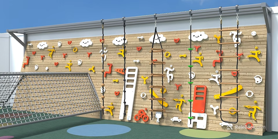 Kindergarten Outdoor Playground With Climbing Wall Cloud Shapes And Colorful Figures 3d model 