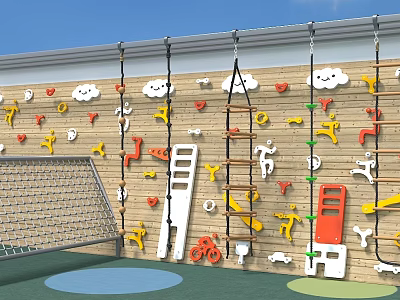 Kindergarten Outdoor Playground With Climbing Wall Cloud Shapes And Colorful Figures 3d model