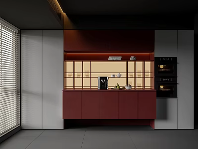 Elegant Modern Dark Red Entryway Cabinet and Side Cabinet with Wooden Storage Design 3d model
