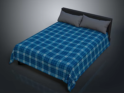 Bedroom Bed With Blue Plaid Bedspread Two Gray Pillows And Black Headboard 3d model