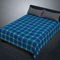 Bedroom Bed With Blue Plaid Bedspread Two Gray Pillows And Black Headboard