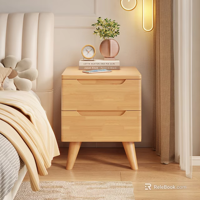 Modern Wooden Bedside Table With Two Drawers Books Vase Plant And Alarm Clock In Bedroom 3d model 