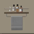 Gray Towel Hanging On Bathroom Shelf With Wooden And Metal Frame And Toiletries