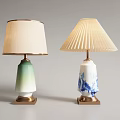 Two Table Lamps Featuring Green Gradient Blue White Pattern Bases And White Pleated Lampshades 3d model