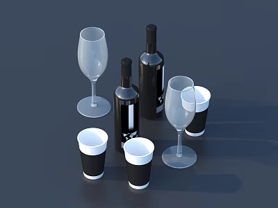 Still Life Of Wine Bottles And Glasses With Paper Cups On Dark Background 3d model