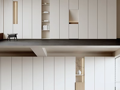 Modern Decorative Cabinet Interior Design With White Panels Open Shelves And Small Stool 3d model