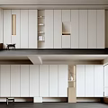Modern Decorative Cabinet Interior Design With White Panels Open Shelves And Small Stool