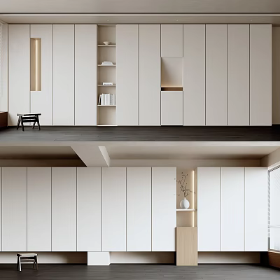 Modern Decorative Cabinet Interior Design With White Panels Open Shelves And Small Stool 3d model