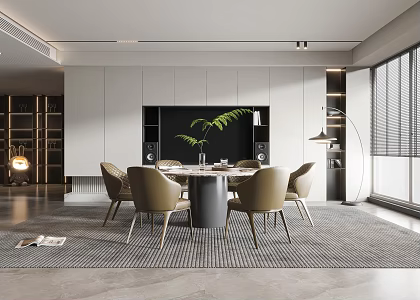 Modern Restaurant Dining Table and Chair Floor Lamp TV Wall Cream Restaurant Stairs TV Cabinet 3d model
