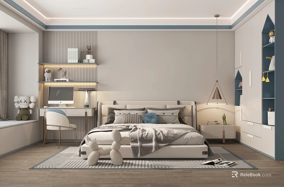 Modern Kids Room Interior with Bed Desk Computer Shelf Pendant Light and Stuffed Toys 3d model 