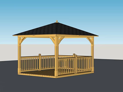Hexagonal Wooden Gazebo With Black Roof And Open Railing Outdoor Design Structure 3d model