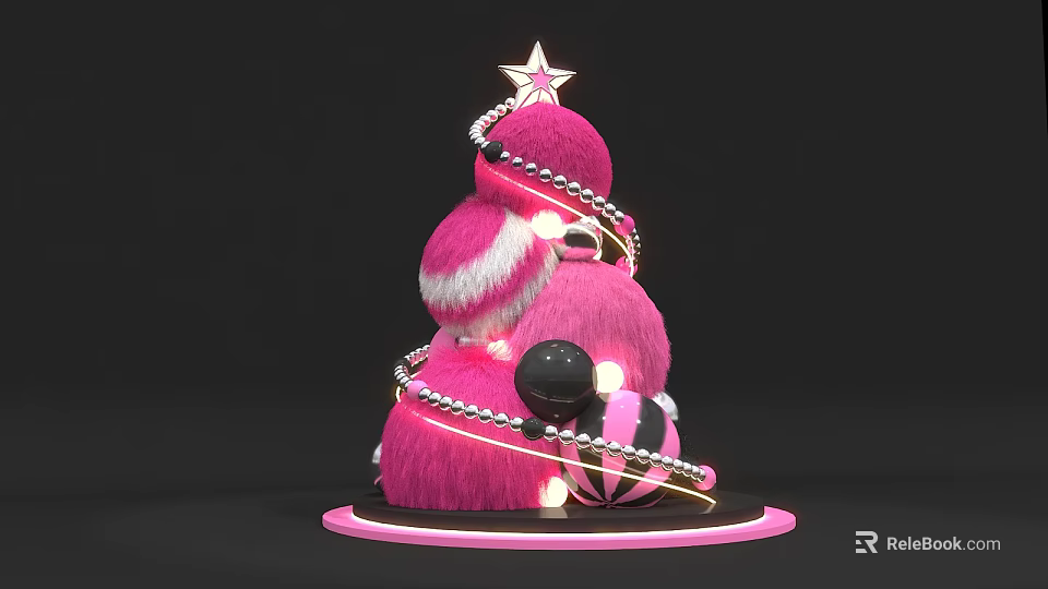 Pink Fluffy Art Installation With Star Topped Gold Chains And Black Sphere Illuminated Base 3d model