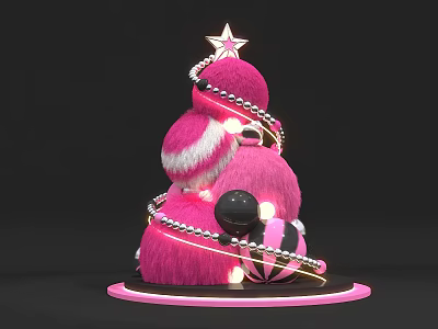 Pink Fluffy Art Installation With Star Topped Gold Chains And Black Sphere Illuminated Base 3d model