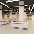 Supermarket Department Store Interior With White Pillars Shelves And Orange Striped Counters 3d model
