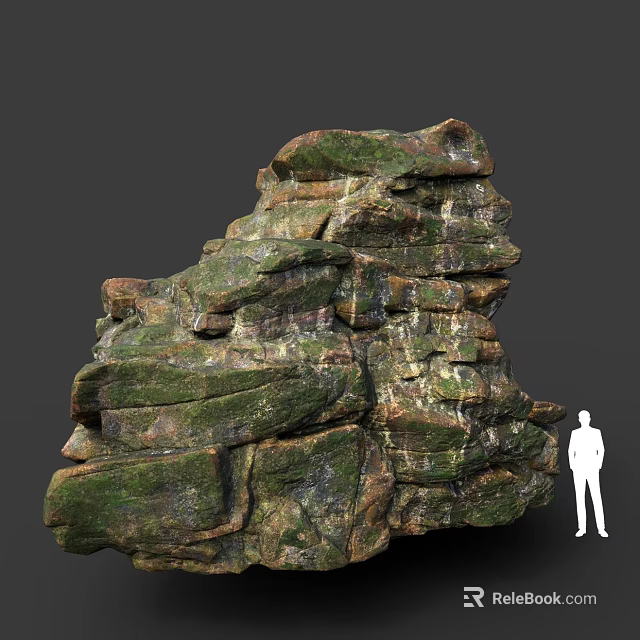 Giant Layered Rock Formation Covered With Green Moss And Human Figure Silhouette For Scale 3d model 