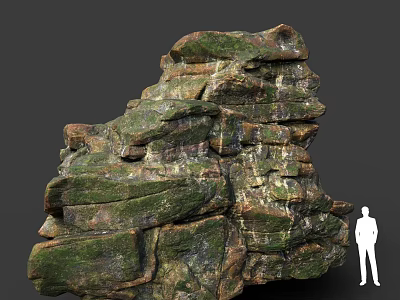 Giant Layered Rock Formation Covered With Green Moss And Human Figure Silhouette For Scale 3d model