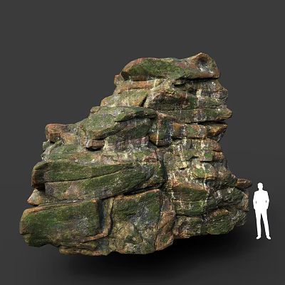 Giant Layered Rock Formation Covered With Green Moss And Human Figure Silhouette For Scale 3d model
