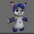 Cute Gray Plush Toy Big Blue Eyes Blue Hair Cat Ears Red Accents Striped Arms