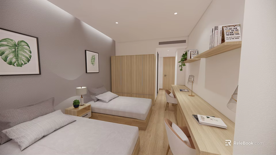 Hotel Guest Room With Twin Beds Bedside Tables Lamps Writing Desk And Plants 3d model 