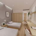 Hotel Guest Room With Twin Beds Bedside Tables Lamps Writing Desk And Plants