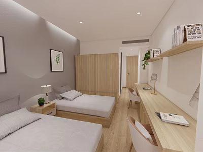 Hotel Guest Room With Twin Beds Bedside Tables Lamps Writing Desk And Plants 3d model