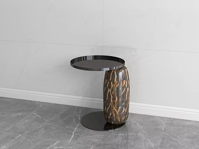 Modern Elegant Black Round Top Side Table With Gold Patterned Cylindrical Base 3d model