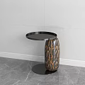 Modern Elegant Black Round Top Side Table With Gold Patterned Cylindrical Base