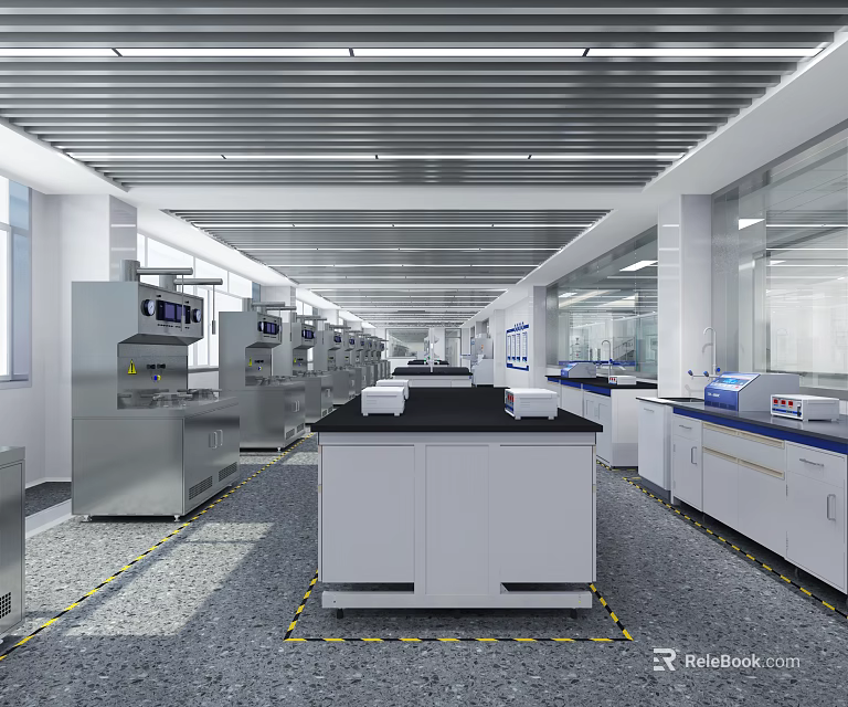 Modern Laboratory Interior With Workbenches Testing Equipment And Storage Cabinets 3d model