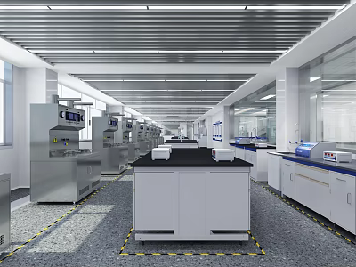 Modern Laboratory Interior With Workbenches Testing Equipment And Storage Cabinets 3d model