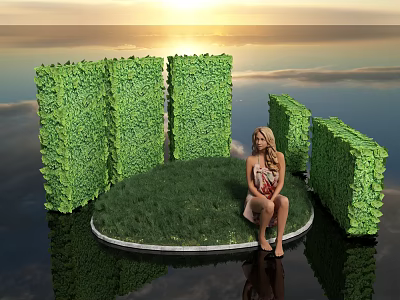 Green Shrub Walls Surrounding Circular Lawn With Woman Sitting On Sunset Background And Water Reflection 3d model