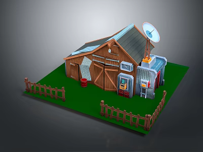 Rustic Farmhouse Building With Wooden Structure Double Doors Metal Shed Solar Panels And Wooden Fence 3d model