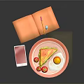 Delicious Breakfast Plate With Sandwich Fried Egg Cherry Tomatoes Notebook And Phone On Black Mat