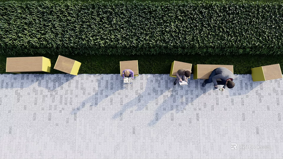 People Sitting On Outdoor Landscape Seats With Yellow Wooden Design Green Hedge And Paved Floor 3d model 
